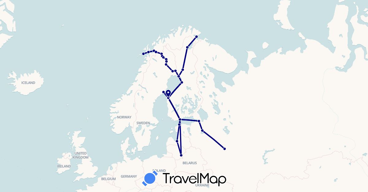 TravelMap itinerary: driving in Estonia, Finland, Lithuania, Latvia, Norway, Russia, Sweden (Europe)